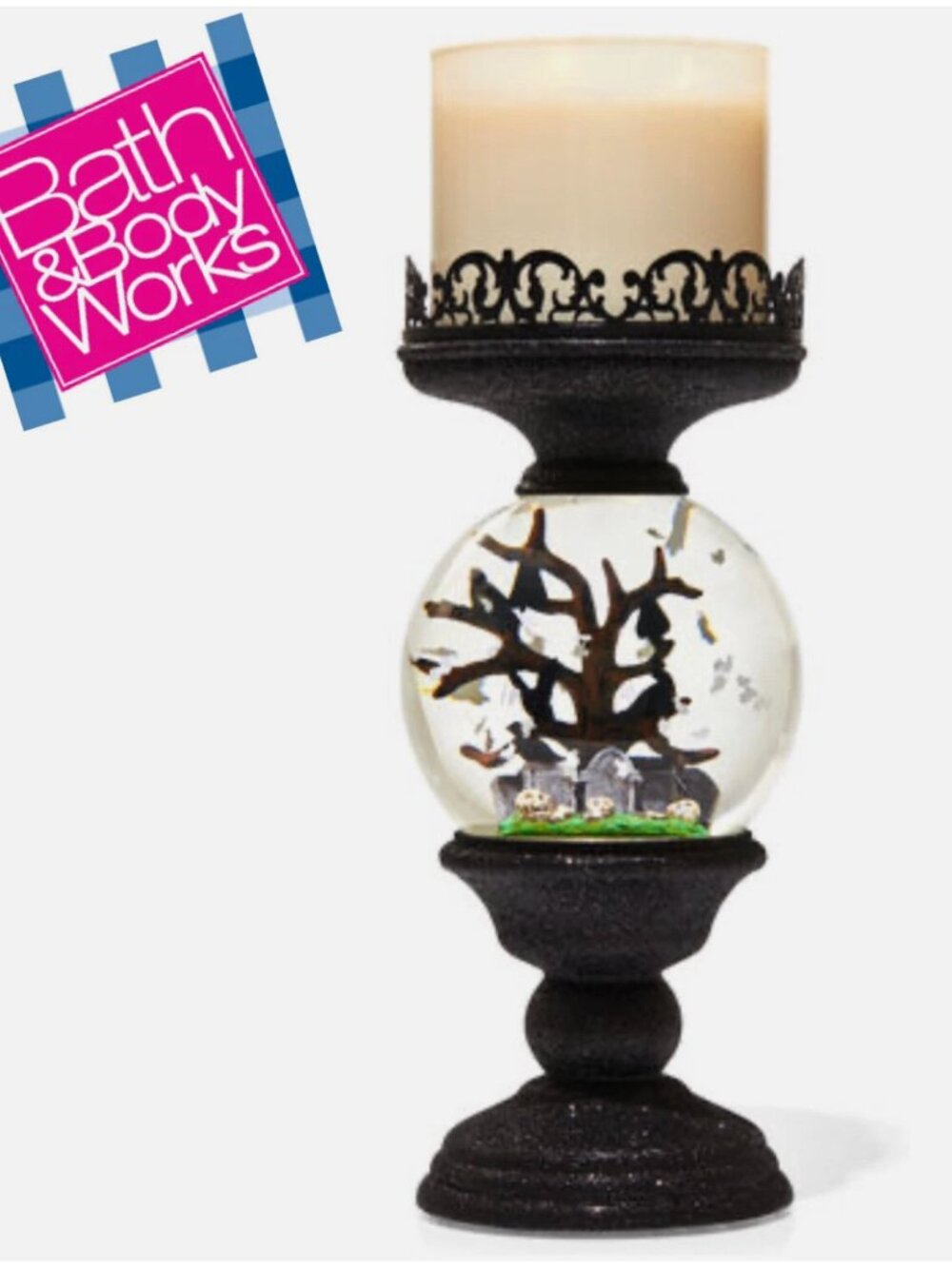 Bath & Body Works Halloween Ghost Graveyard Water Globe 3 Wick Candle Holder